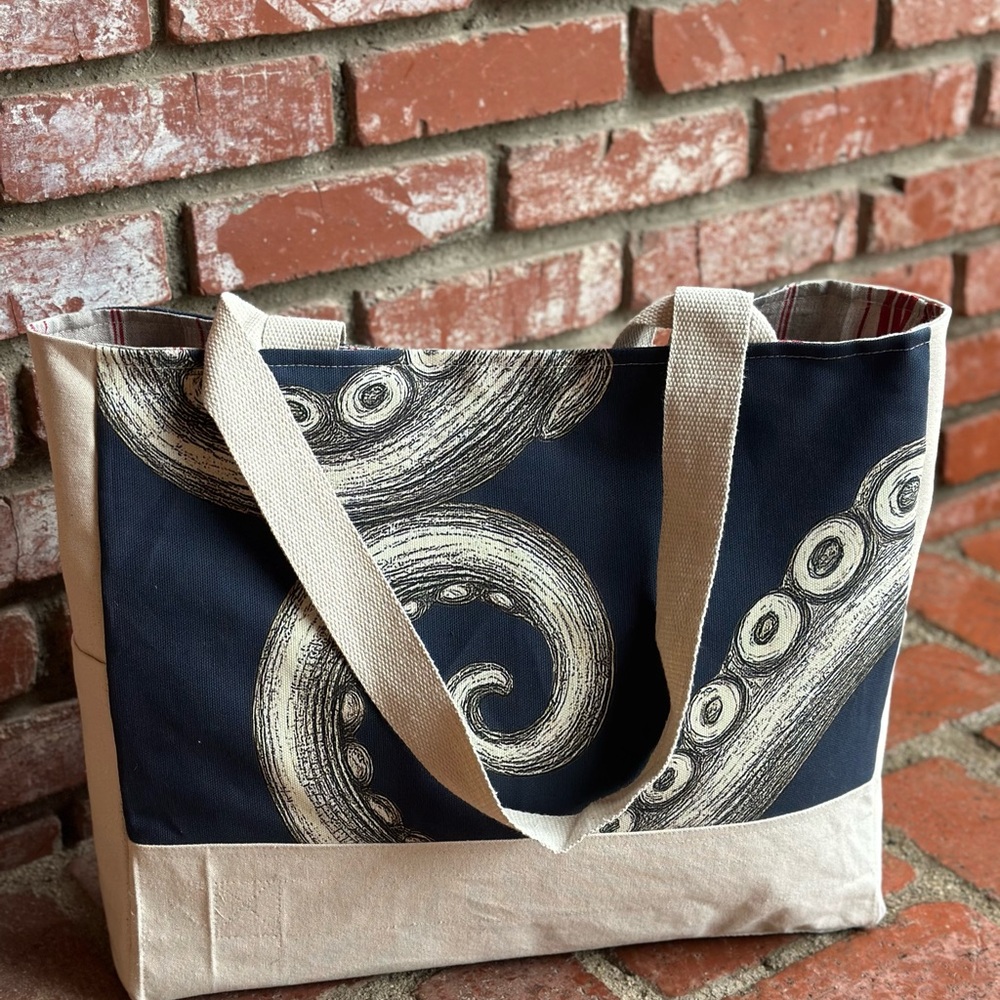 Navy and Cream canvas Tote Bag with Octopus Design
